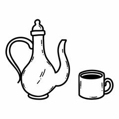 Indian teapot and cup. Tea ceremony. Drink. Vector doodle illustration. Sketch.