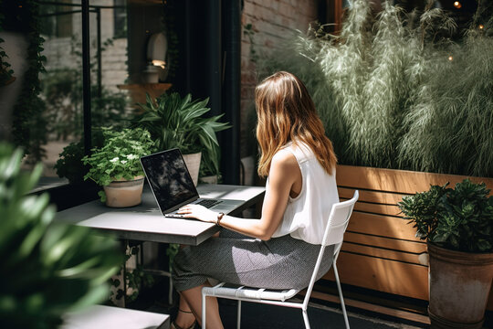 Young woman is working remotely on laptop outdoor in garden. Generative ai