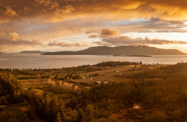Dramatic Sunset View of Orcas Island, Washington. Taken from nearby Lummi Island in the Salish Sea...