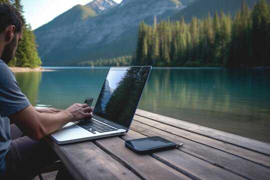 A person is working remotely on laptop while traveling with stuning view on lake and mountains. Generative ai