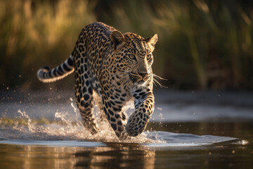Leopards running in the water - obrazy, fototapety, plakaty