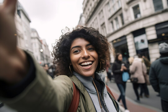 Young smilling attractive woman making selfie on her phone in old city street. Generative ai