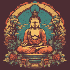 Obraz premium Buddha reaching nirvana, on the top of a very tall mountain, super vibrant illustration design