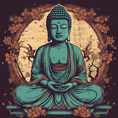 Buddha reaching nirvana, on the top of a very tall mountain, super vibrant illustration design