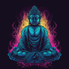 buddha art illustration, synthwave style, with a contour and dark background