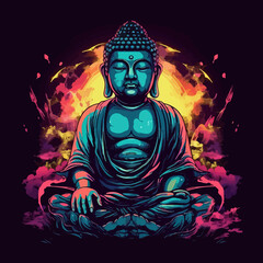 buddha art illustration, synthwave style, with a contour and dark background