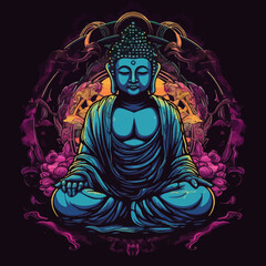 buddha art illustration, synthwave style, with a contour and dark background