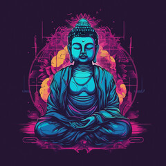 buddha art illustration, synthwave style, with a contour and dark background