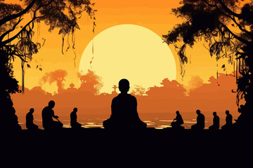 Fototapeta premium Serene meditating Buddha, religious silhouette, monastic setting, sunset scene
