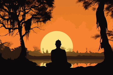 Serene meditating Buddha, religious silhouette, monastic setting, sunset scene