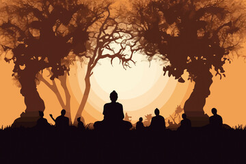 Serene meditating Buddha, religious silhouette, monastic setting, sunset scene