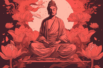 Fototapeta na wymiar Lord buddha sitting on a lotus, in the style of martin ansin, light red theme