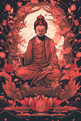Lord buddha sitting on a lotus, in the style of martin ansin, light red theme