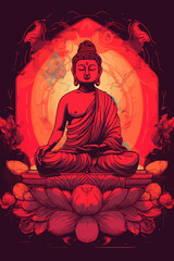 Lord buddha sitting on a lotus, in the style of martin ansin, light red theme