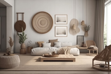 Open modern living room with wall adornments and close to floor furniture. beige and tope tones