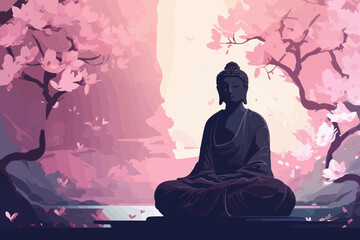 buddha statue with cherry blossom. mediation and zen concept. designed using