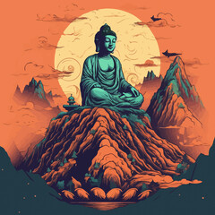 Buddha reaching nirvana, on the top of a very tall mountain, super vibrant illustration design