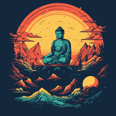 Buddha reaching nirvana, on the top of a very tall mountain, super vibrant illustration design
