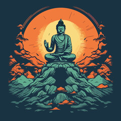 Buddha reaching nirvana, on the top of a very tall mountain, super vibrant illustration design