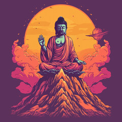 Buddha reaching nirvana, on the top of a very tall mountain, super vibrant illustration design