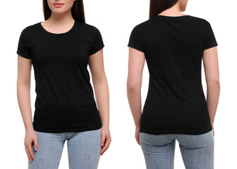 Woman wearing casual black t-shirt on white background, closeup. Collage with back and front view...