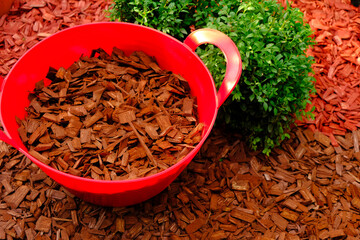 Mulching soil cover .Decorative chips garden.Red chips for mulching in red silicone bucket in a...