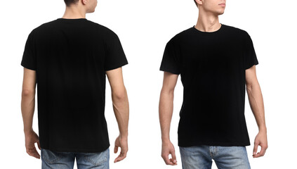 Collage with photos of man in black t-shirt on white background, closeup. Back and front views for...