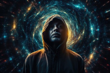 Surreal Portrait of a Person Adrift in the Wonder and Insignificance of the Universe