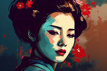 woman with a floral headpiece in a vibrant painting. Generative AI