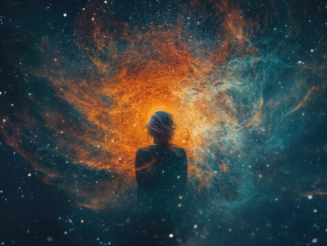 Surreal Portrait of a Person Adrift in the Wonder and Insignificance of the Universe