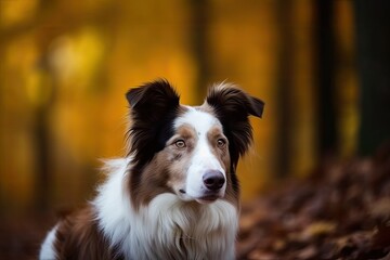 sitting brown and white dog in a lush forest setting. Generative AI