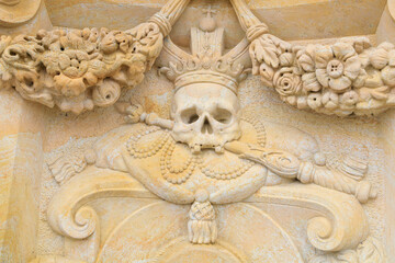 Ancient medieval sculptures on the Charles Bridge. Background with selective focus