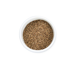 Bowl of celery seeds isolated on white, top view