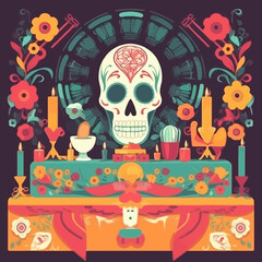 Obraz premium Vibrant Day of the Dead skull altar, conceptual background
