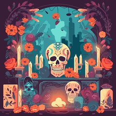 Colorful skull altar for Day of the Dead, creative background design