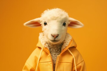 Anthropomorphic baby sheep dressed in human clothing. Humanized animal concept. AI generated, human enhanced - obrazy, fototapety, plakaty