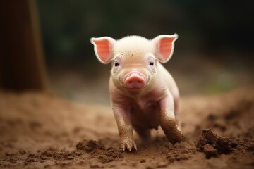 cute piglet standing on a muddy field. Generative AI