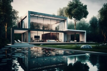 Modern house with swimming pool. AI generated, human enhanced.