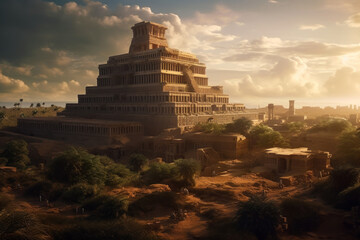 Ancient city of Babylon with the tower of Babel, bible and religion. AI generated, human enhanced - obrazy, fototapety, plakaty