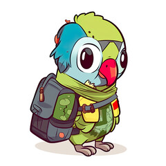 Parrot traveller with backpack, cartoon chibi style, AI generative illustration
