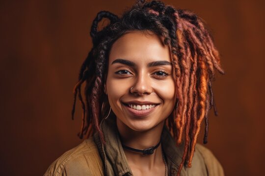 Portrait of a happy smiling pretty eastern woman with dreadlocks. AI generated, human enhanced