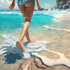 Barefoot touching the sea at a beach hyper realistic style