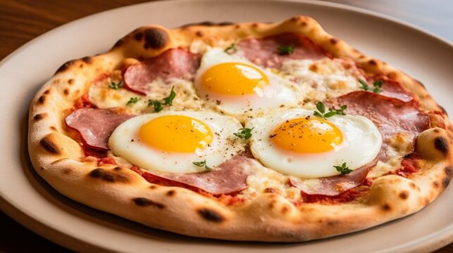 Leckere Pizza aus dem Steinofen mit Ei und Salami belegt
