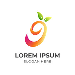 initial g fruit logo vector, letter g and fruit combination logo with 3d orange and green color style