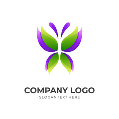 butterfly spa logo template with 3d green and purple color style