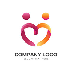 people love care logo vector, people and love combination logo with 3d orange and red color color style