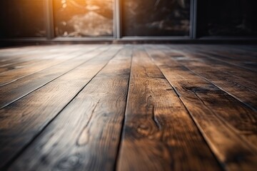 wooden floor with a view of a landscape through a window. Generative AI