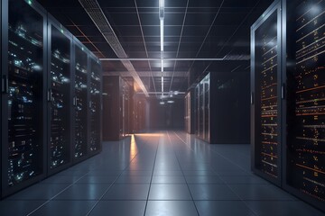 Cinematic Server networking room or Data center full of side by side standing server racks, generative ai