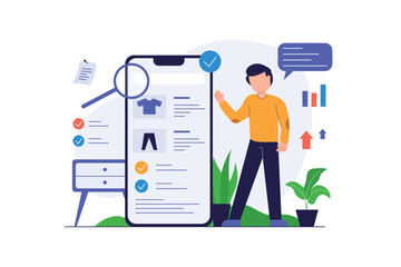Businessman is analyzing online store business data, modern flat illustration