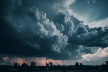 A dark storm cloud rolls in over a rural area